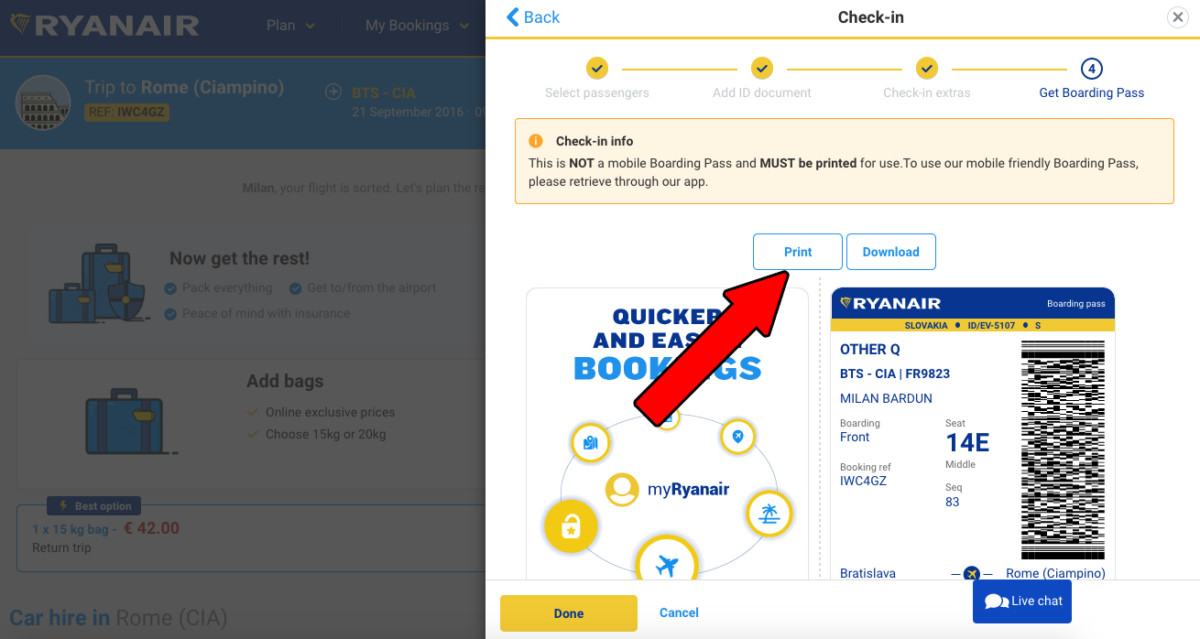 Ryanair online check-in postup