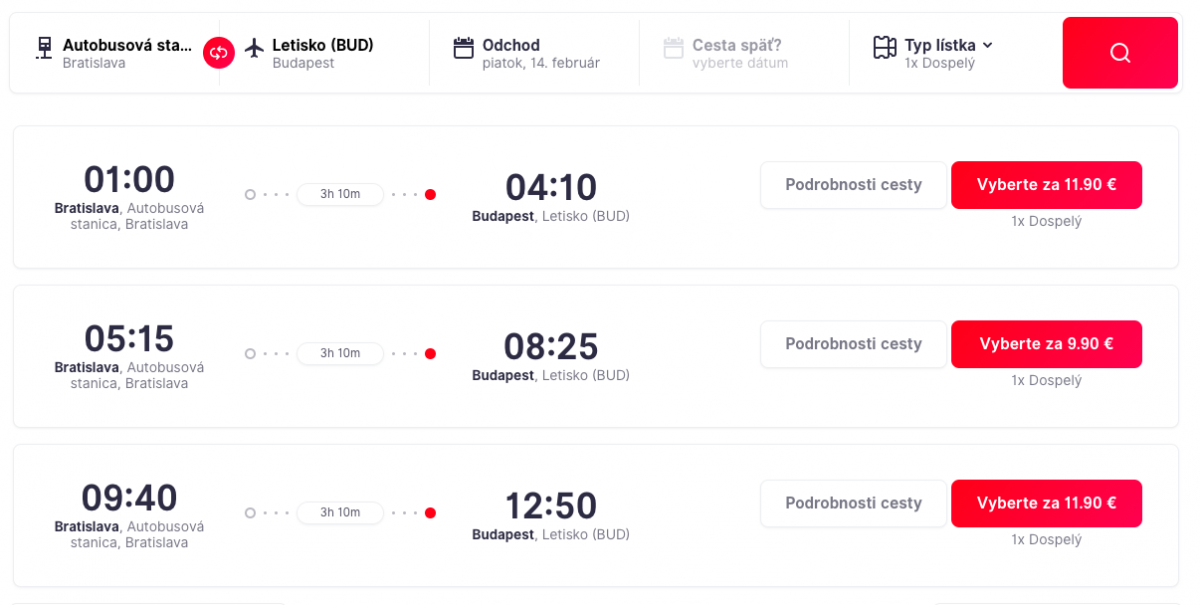 Časy odchodov autobusu Slovak Lines na letisko Budapešť